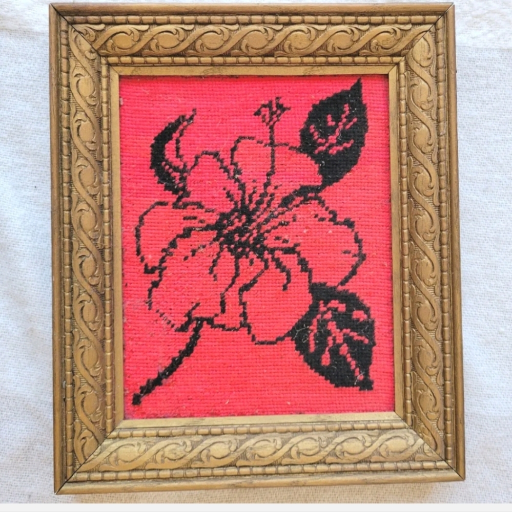 1971 Vintage Red Needlepoint Black Flower Embroidered Yarn Art Carved Wood Frame
